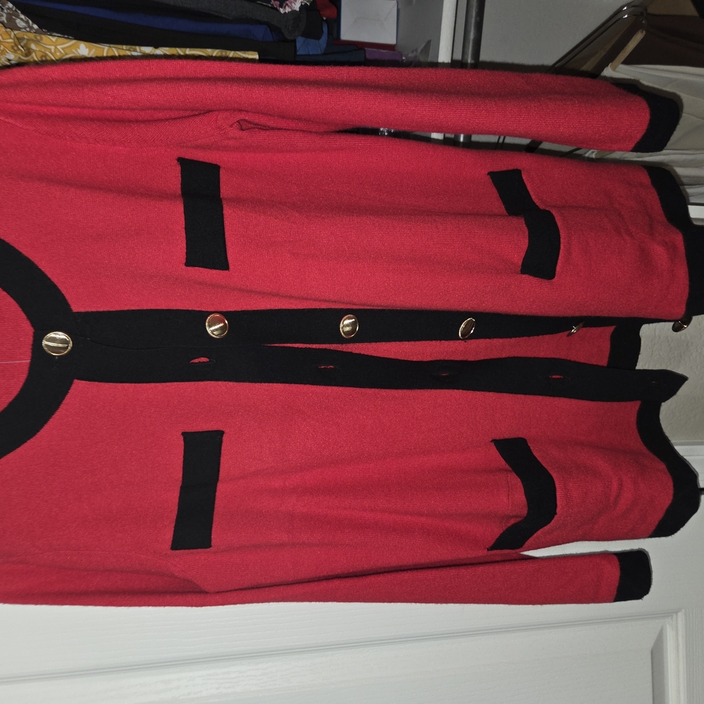 Ann Taylor Red Cardigan with Black Trim and Gold Buttons